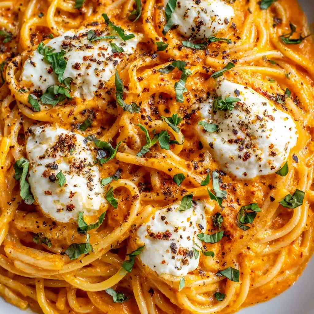 Creamy Red Pepper Pasta with Burrata and Herbs Recipe - Recipe Image