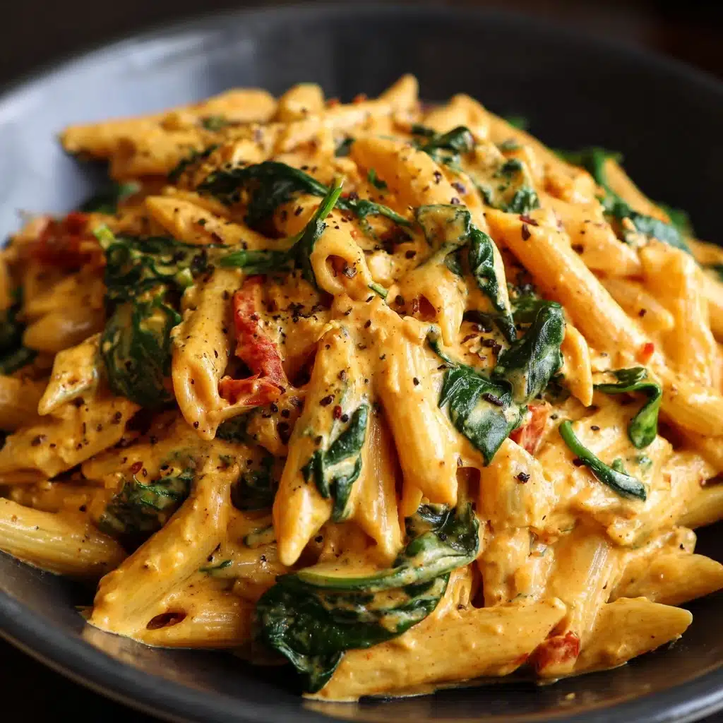 Penne Pasta with Spinach and Roasted Red Pepper Cream Sauce Recipe - Recipe Image