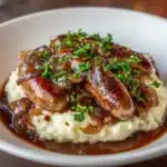 Bangers and Colcannon with Guinness Onion Gravy Recipe