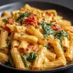 Penne Pasta with Spinach and Roasted Red Pepper Cream Sauce Recipe