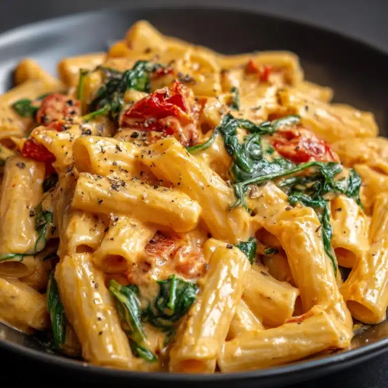 Penne Pasta with Spinach and Roasted Red Pepper Cream Sauce Recipe