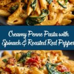 Penne Pasta with Spinach and Roasted Red Pepper Cream Sauce Recipe