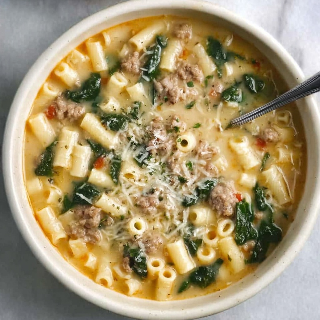 Italian Sausage Soup with Spinach and Pasta Recipe - Recipe Image