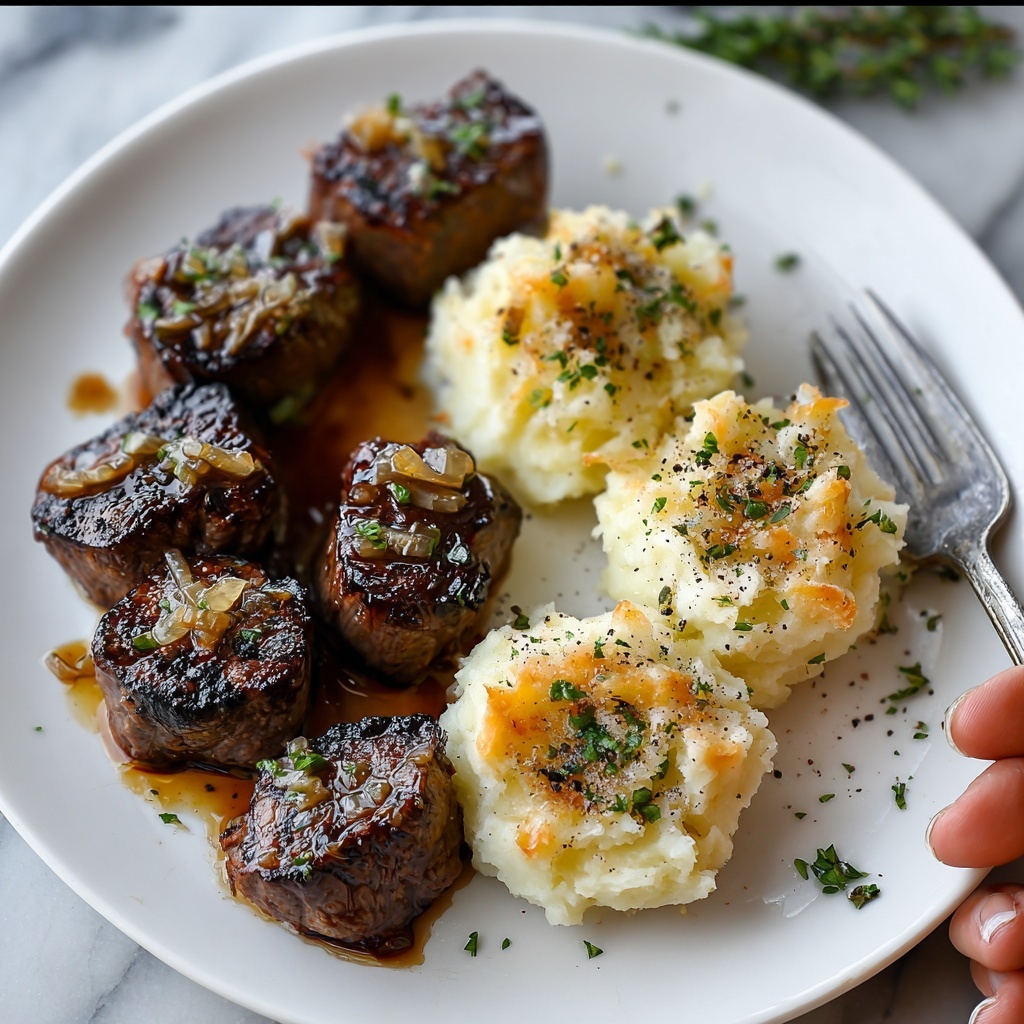 Garlic Butter Steak Bites with Cheesy Smashed Potatoes Recipe - Recipe Image