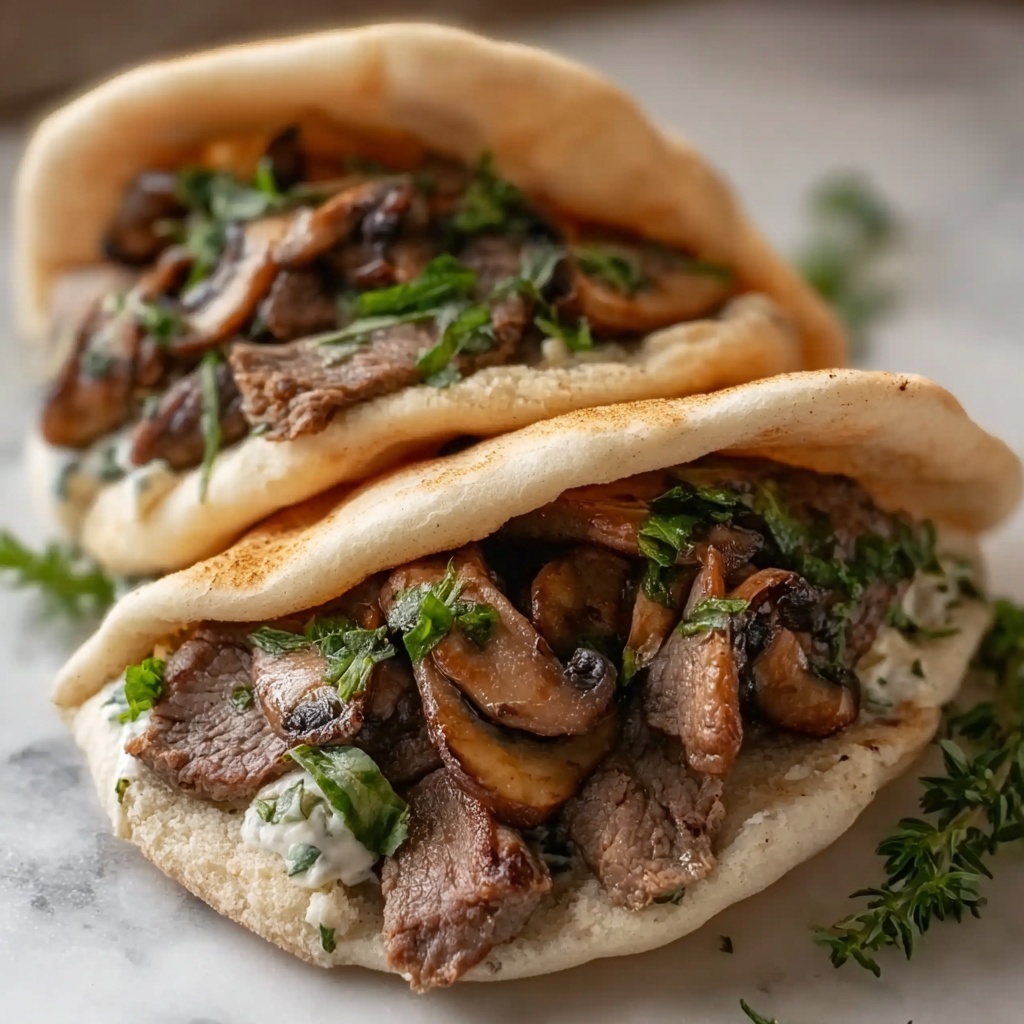Cheesy Beef and Mushroom Pita Pockets with Tzatziki Sauce Recipe - Recipe Image
