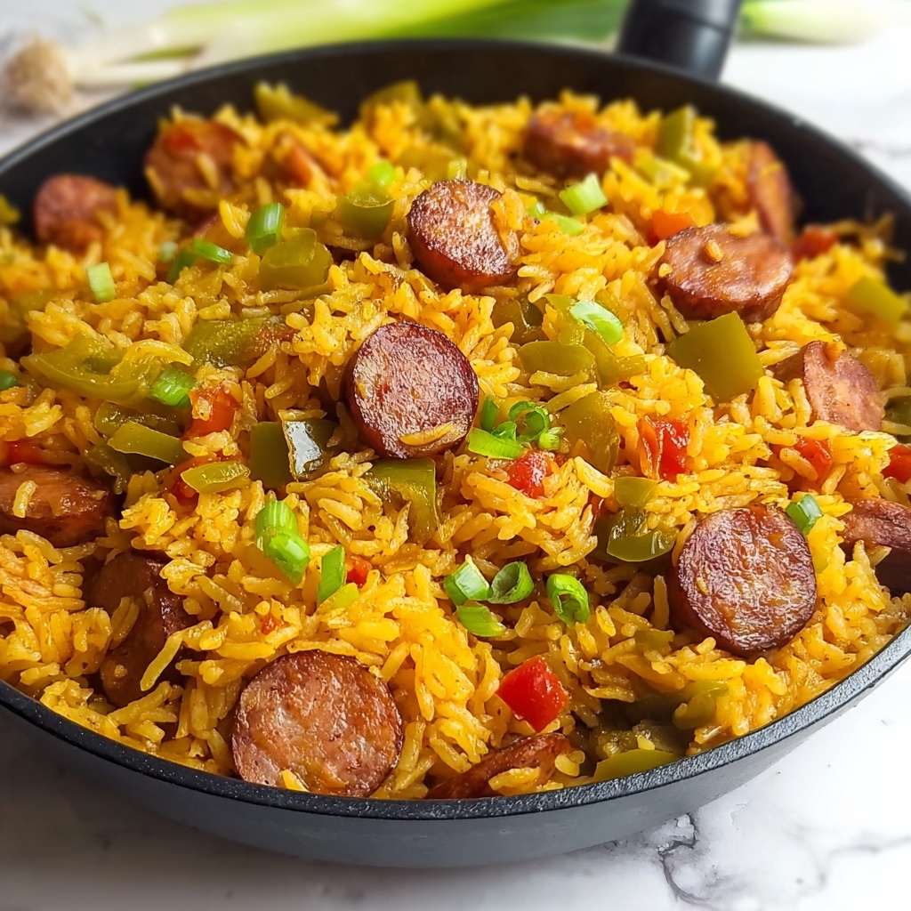 One Pan Sweet and Tangy BBQ Sausage Rice Recipe - Recipe Image