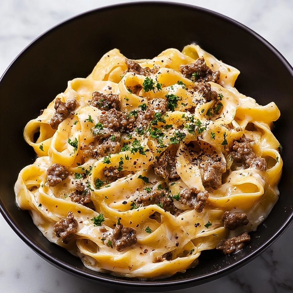 One-Pot Creamy Beef and Garlic Butter Pasta Recipe - Recipe Image
