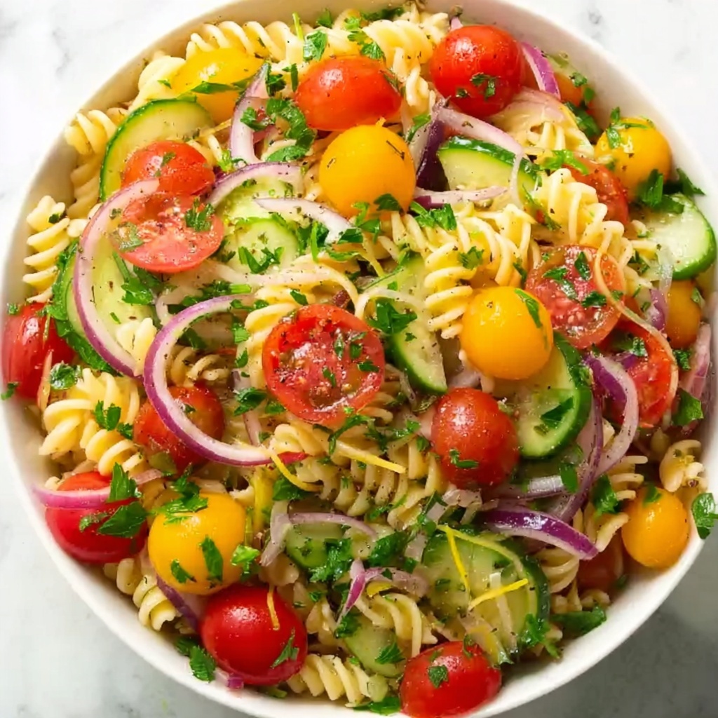 Spaghetti Salad with Cherry Tomatoes, Cucumber, Bell Peppers, Olives, and Parmesan Recipe - Recipe Image