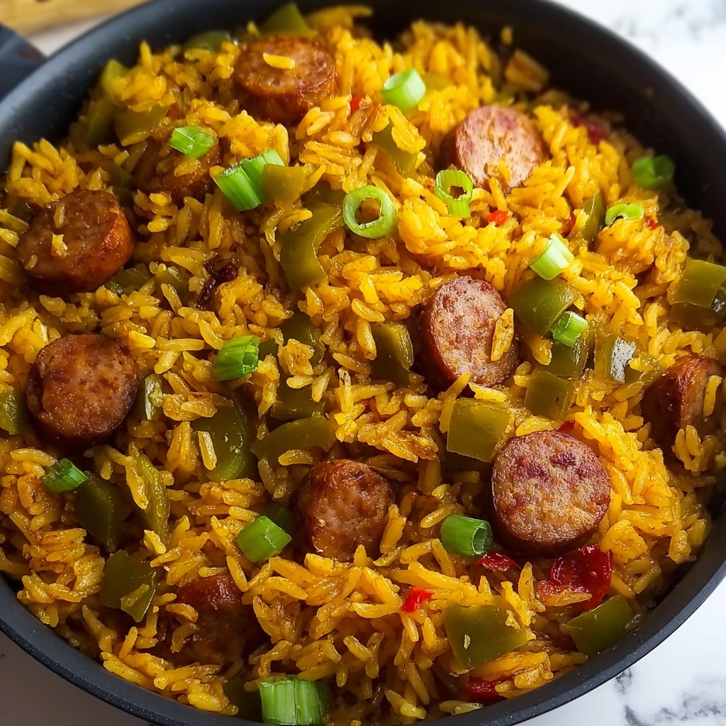 One Pan Sweet and Tangy BBQ Sausage Rice Recipe - Recipe Image