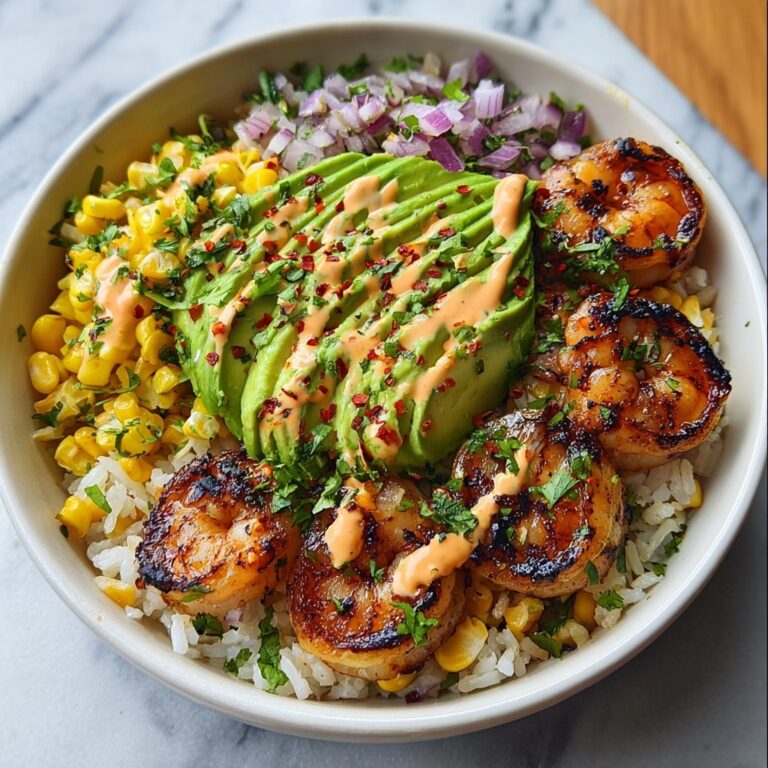 Grilled Shrimp Bowl with Avocado Corn Salsa and Blissful Sauce Recipe