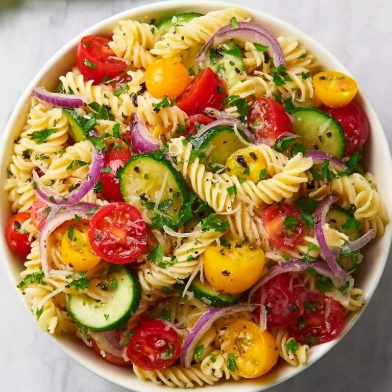 Spaghetti Salad with Cherry Tomatoes, Cucumber, Bell Peppers, Olives, and Parmesan Recipe