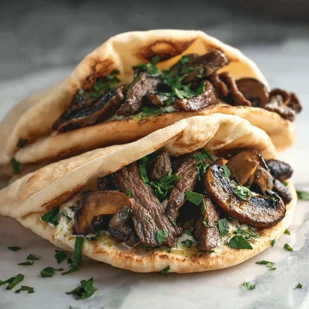 Cheesy Beef and Mushroom Pita Pockets with Tzatziki Sauce Recipe - Recipe Image