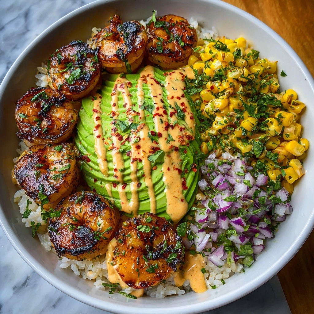 Grilled Shrimp Bowl with Avocado Corn Salsa and Blissful Sauce Recipe - Recipe Image