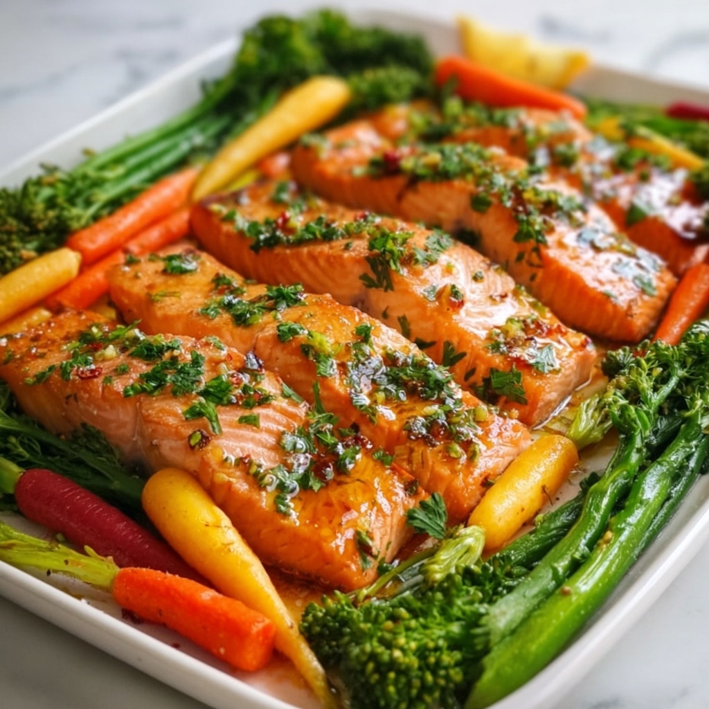 Sheet Pan Honey Garlic Salmon with Veggies Recipe - Recipe Image