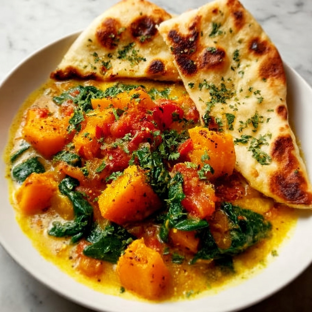 Pumpkin Spinach Curry with Garlic Naan Recipe - Recipe Image