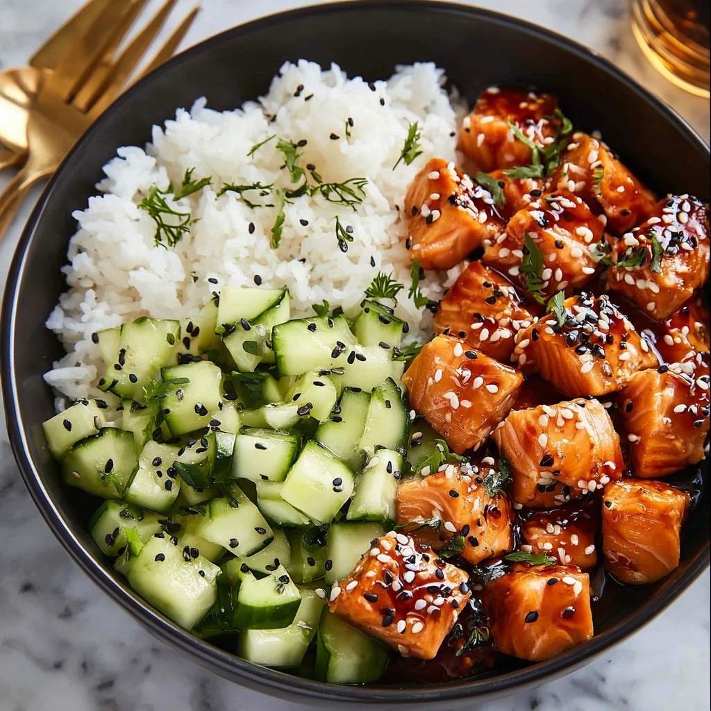 Teriyaki Salmon Bites with Avocado Cucumber Salad and Sriracha Mayo Recipe - Recipe Image