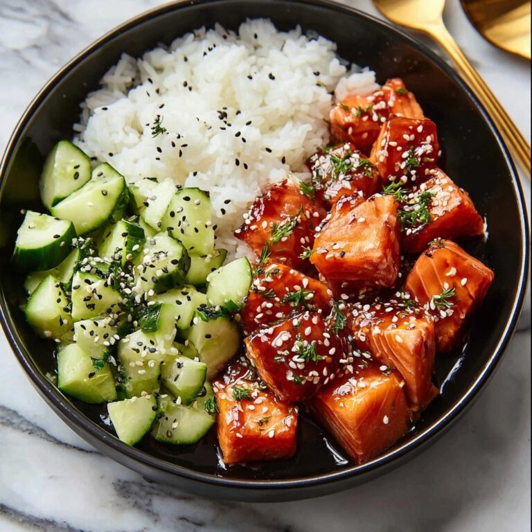 Teriyaki Salmon Bites with Avocado Cucumber Salad and Sriracha Mayo Recipe